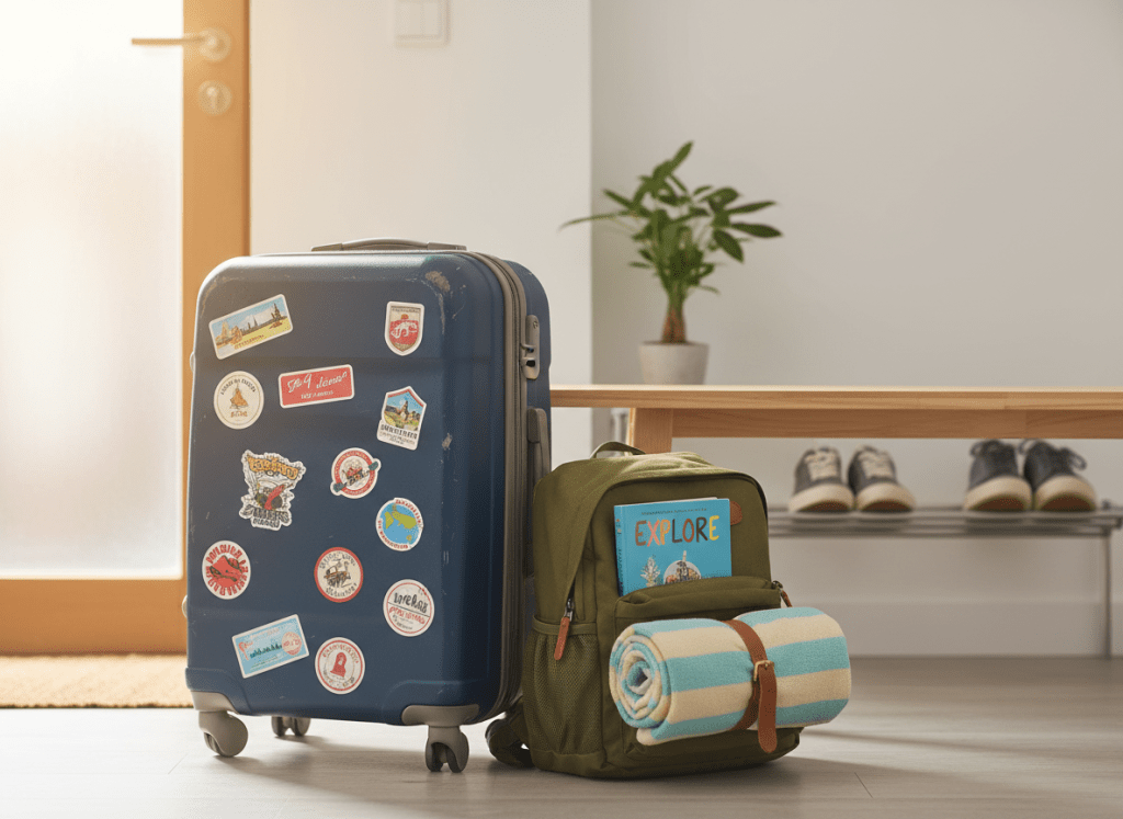 A compact, well-loved carry-on suitcase with scuff marks and colorful destination stickers, leaning against a light wooden bench in a minimalist entryway. Next to it sits a small, neatly packed daypack with a visible travel guidebook peeking from an outer pocket and a neatly rolled pastel travel towel strapped to the side. Soft morning light filters through a frosted glass door, creating gentle reflections on the suitcase’s textured shell. Shot at eye level with shallow depth of field, the background blurs into clean white walls and a simple shoe rack. The mood is playful and anticipatory, evoking the moment just before departure. Photographic realism with vibrant yet soft colors, clean and modern aesthetic suited for a friendly travel blog.