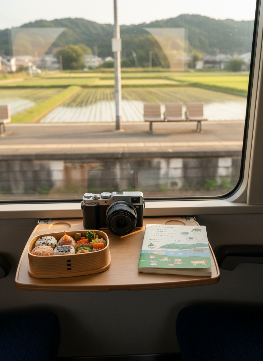 A narrow local train seat by the window, upholstered in simple blue fabric, with a small fold-down table holding a compact mirrorless camera, a bento-style travel snack box, and a paperback travel journal with a cute illustrated cover. Outside the window, a softly blurred Japanese countryside passes by—green fields, low hills, and a hint of a quiet station platform. Late afternoon light slants in through the glass, creating warm highlights on the camera’s metal edges and gentle reflections on the windowpane. Captured from a slightly elevated side angle, keeping the objects in crisp focus while the scenery outside is softly out of focus. The mood is slow, introspective, and slightly playful, rendered in realistic, vibrant photography that celebrates relaxed solo train adventures.