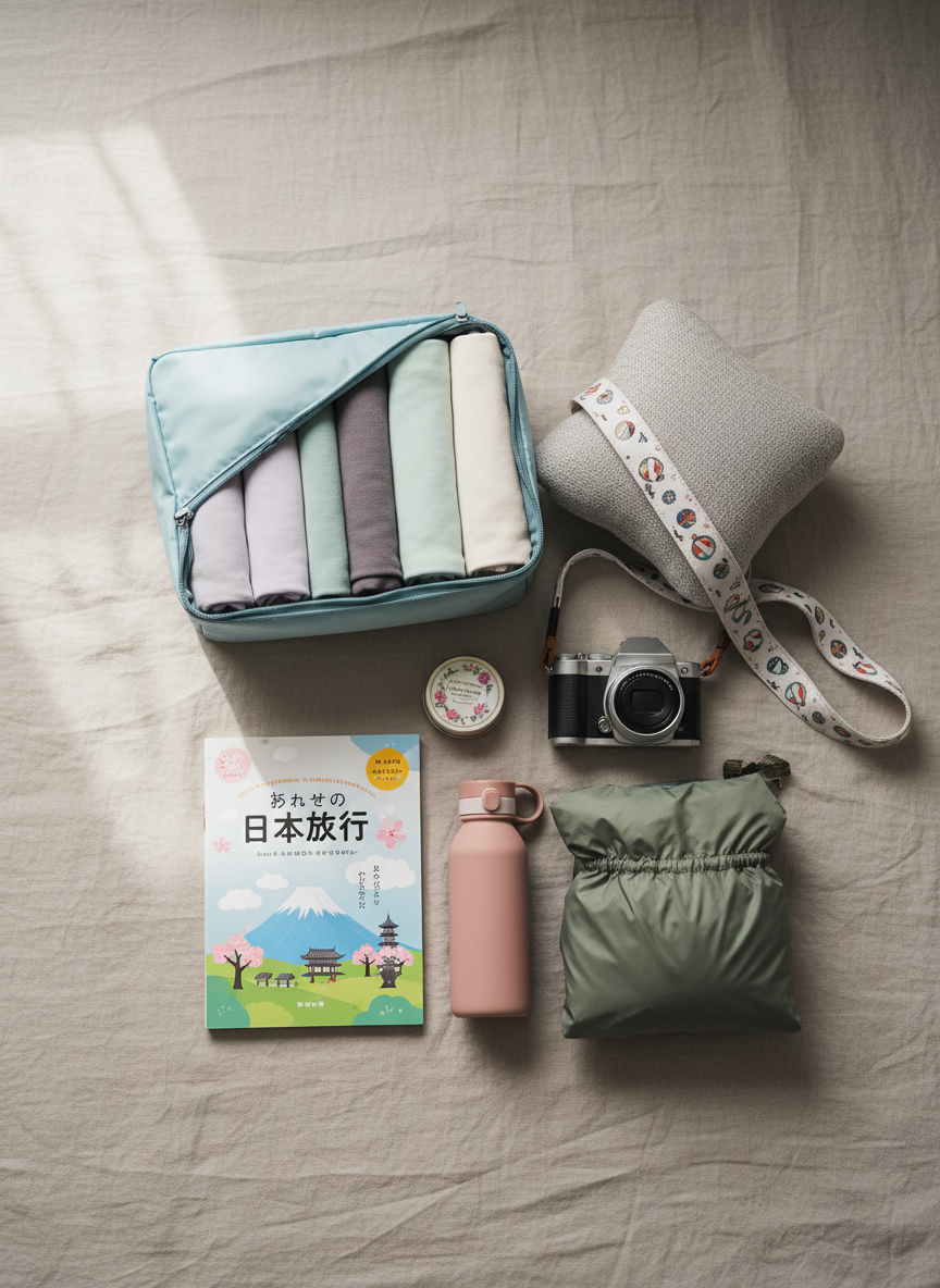 A neatly arranged flat lay of essential beginner travel gear on a soft linen bedsheet in muted beige. A pastel-colored packing cube partially unzipped reveals carefully rolled T-shirts, a small plush travel pillow, and a compact, friendly-looking camera with a fabric strap patterned in whimsical motifs. Nearby lie a Japanese-language beginner’s travel guide, a tiny bottle of solid perfume, a collapsible water bottle, and a lightweight rain jacket folded into its own pouch. Diffused overcast window light from the side creates a calm, even illumination with subtle shadows adding depth. Photographed from a straight bird’s eye view, everything aligned with gentle asymmetry to feel natural yet tidy. The mood is relaxed and playful, with photographic realism and soft, cozy tones that invite hesitant new travelers to feel at ease.